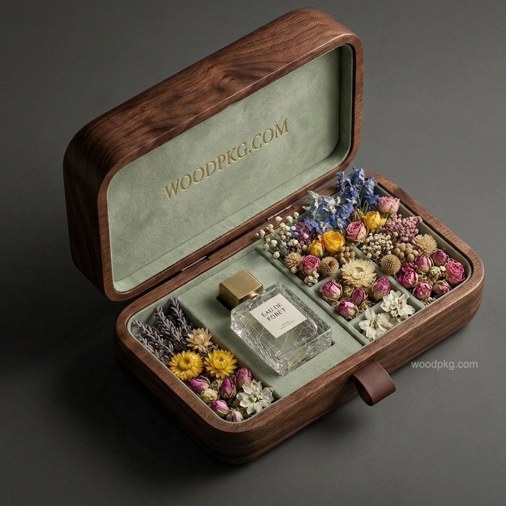Perfume box carved from a single piece of natural solid walnut wood with a handcrafted suede lining