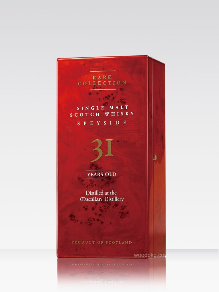 31-year collectible whiskey wooden box with natural burl wood veneer, metal appliqué, screen-printed lettering, and hand-inlaid solid wood strips