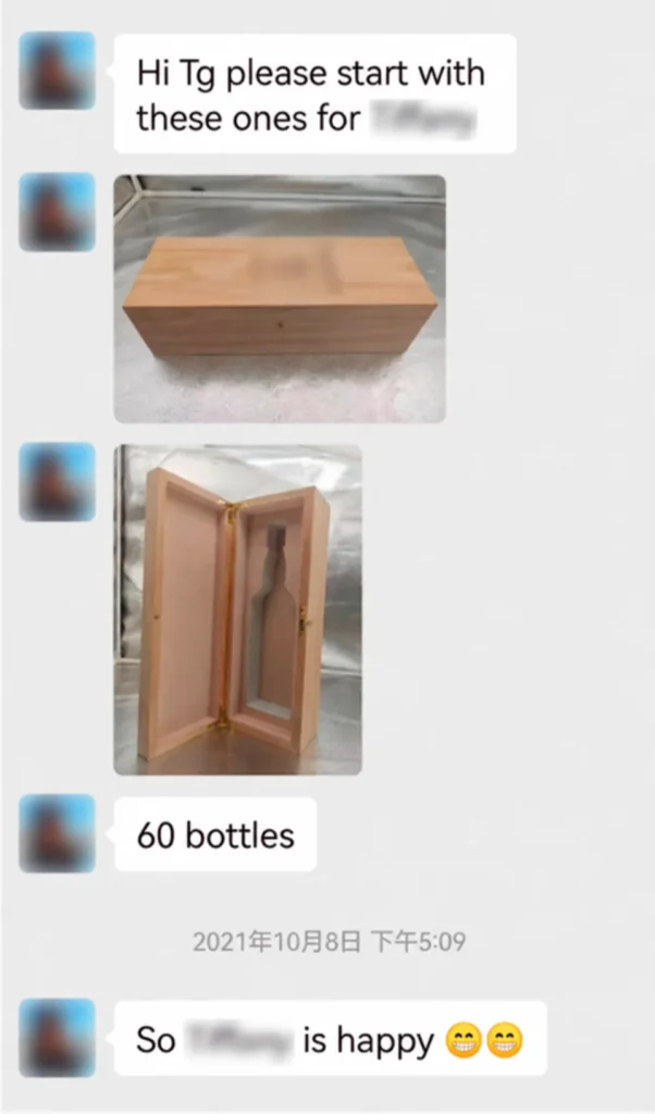 Happy client displaying custom wooden packaging products