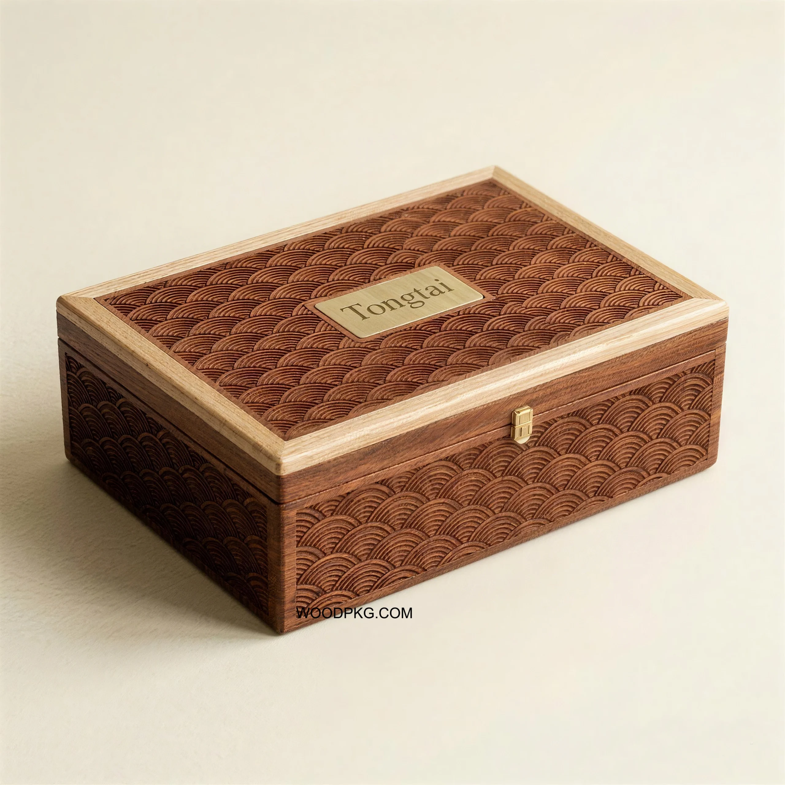 Custom luxury sapele wood collector box with rubberwood inlay and decorative wave pattern design