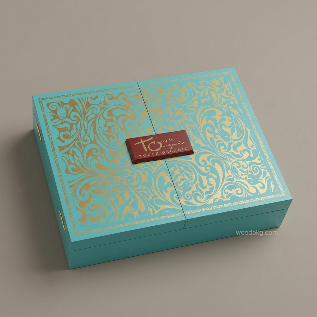 Closed blue matte MDF tea packaging box with screen-printed gold pattern