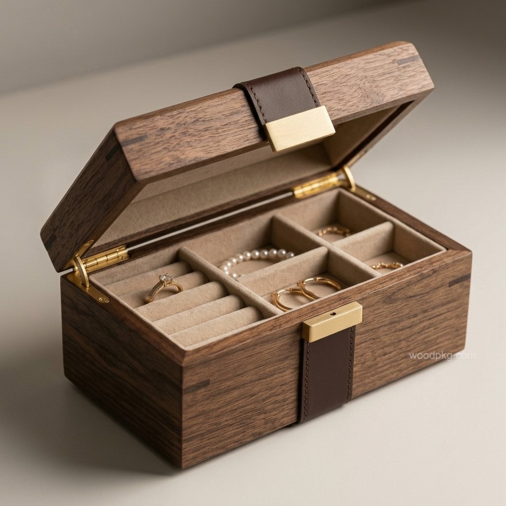 Solid walnut wood jewelry storage box with mortise-and-tenon joinery, leather details, and handcrafted suede lining