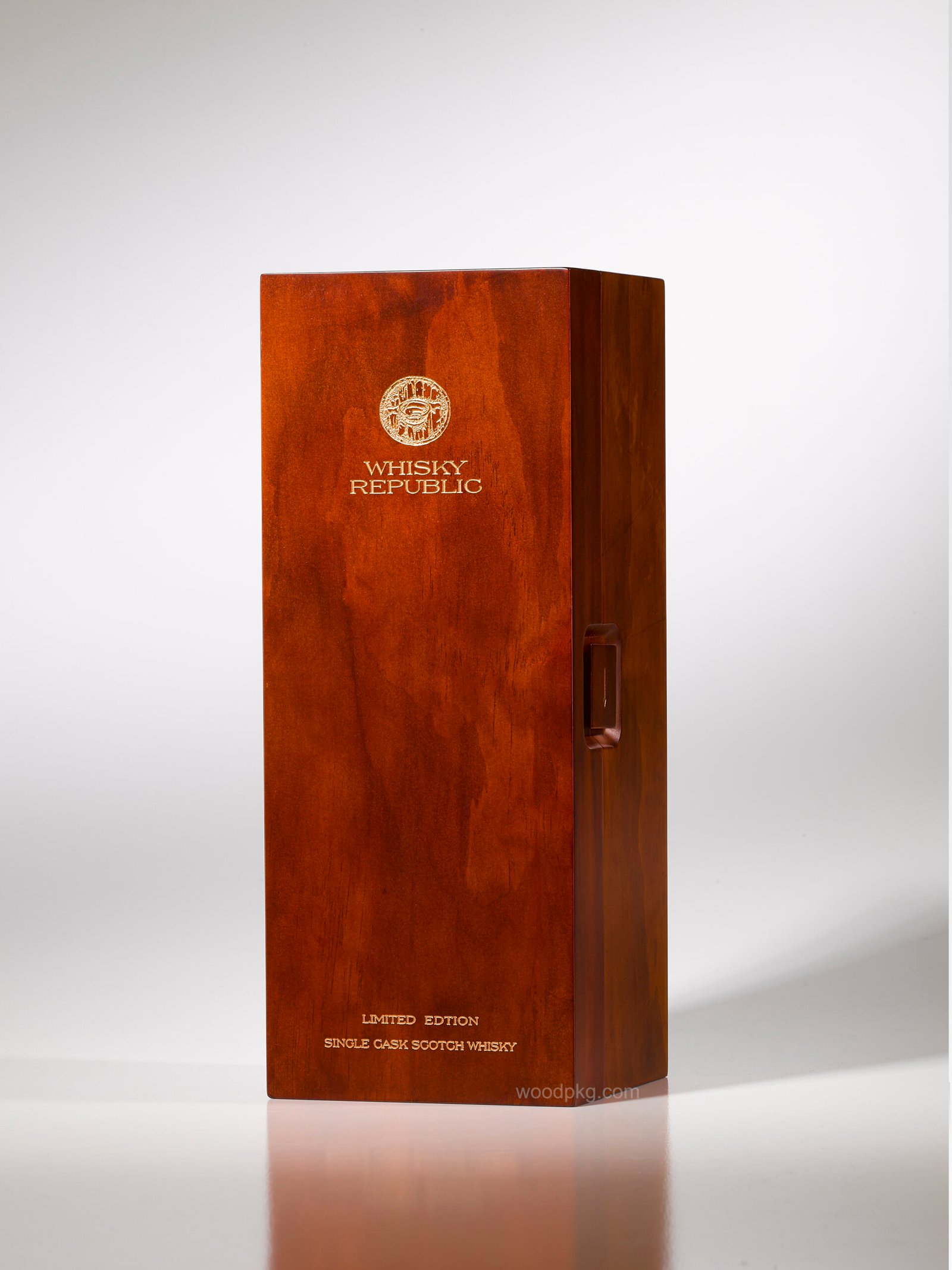 Custom solid pine wood box with laser-engraved logo and lettering finished in gold paint