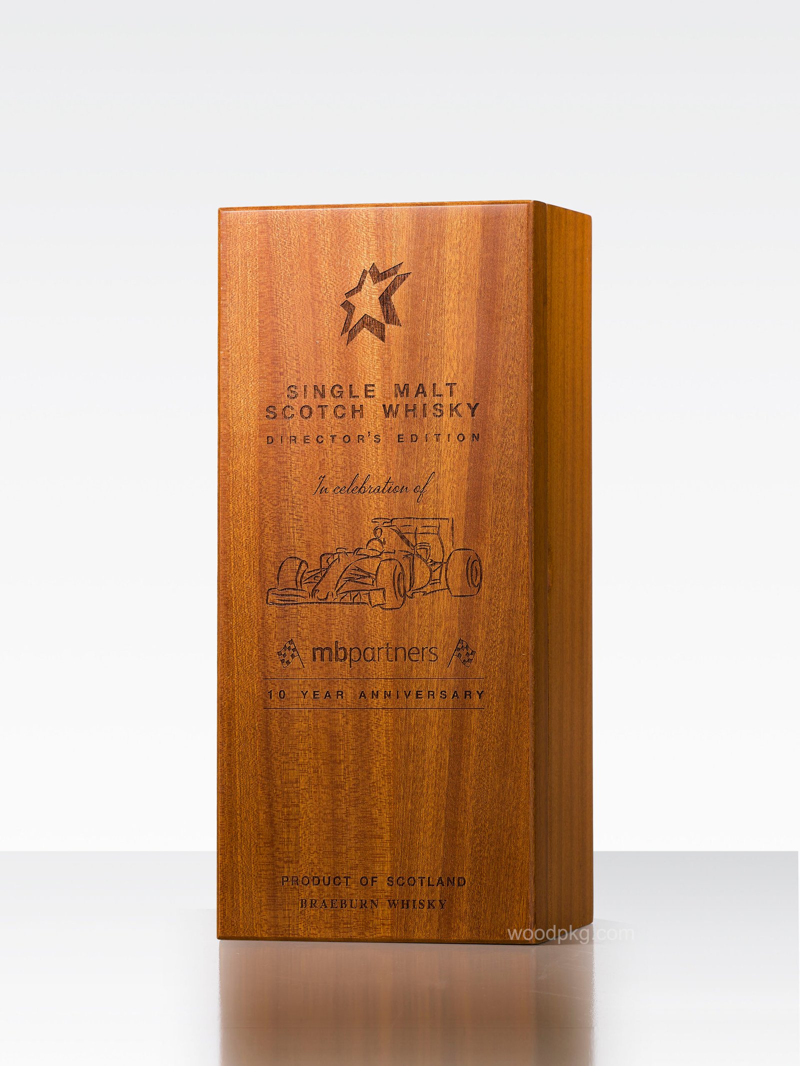 Custom solid sapele wood whiskey box with a matte finish for a commemorative edition