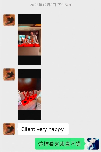 Customer feedback for a custom wooden bottle box with product photos