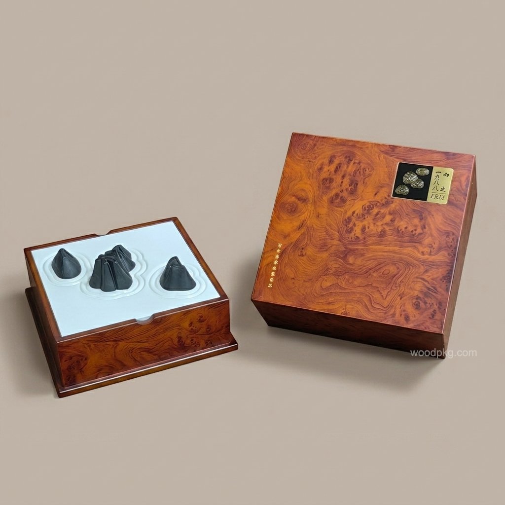 Custom tea packaging box with burl wood grain paper, featuring a white carved wave panel and a resin-painted island design