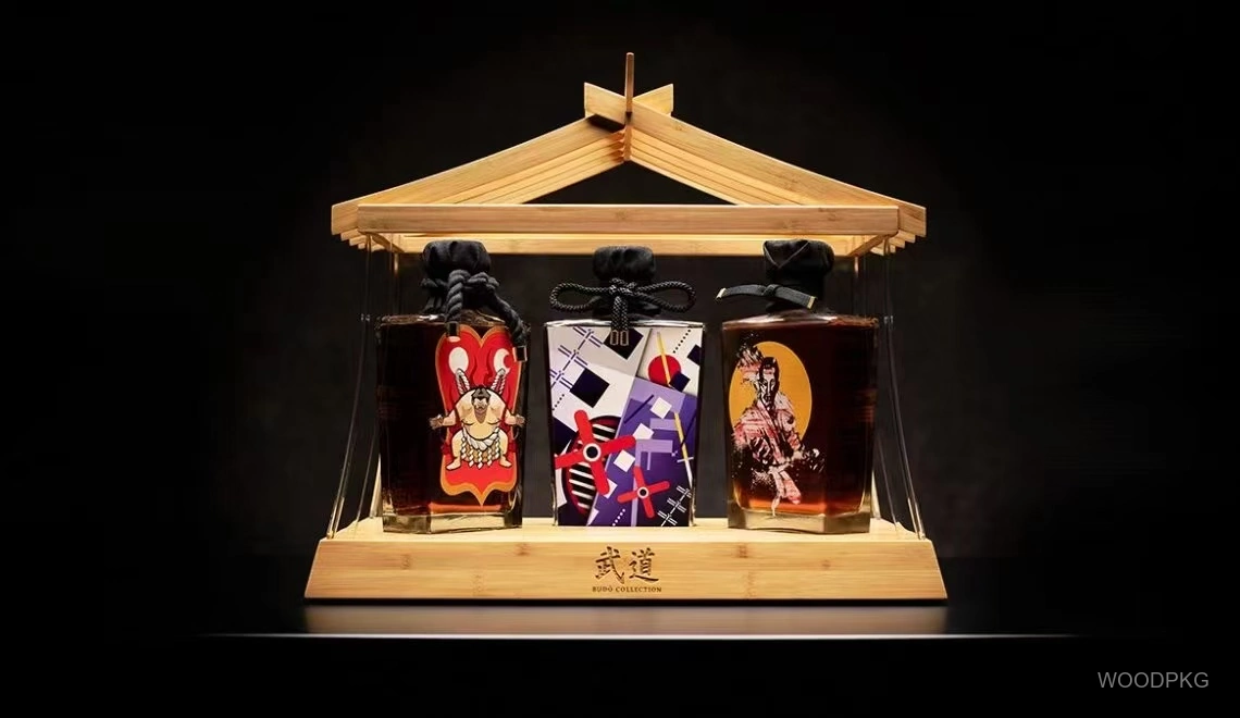 Japanese inspired whisky display stand crafted from multiple bamboo pieces with traditional architectural design