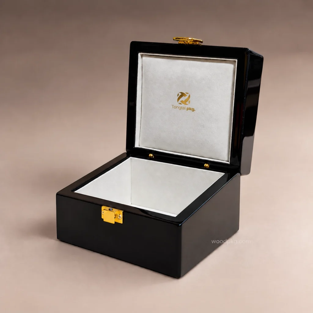 Custom black high-gloss wooden watch box with a light-colored fabric lining, gold-tone clasp, and gold foil logo inside the lid.