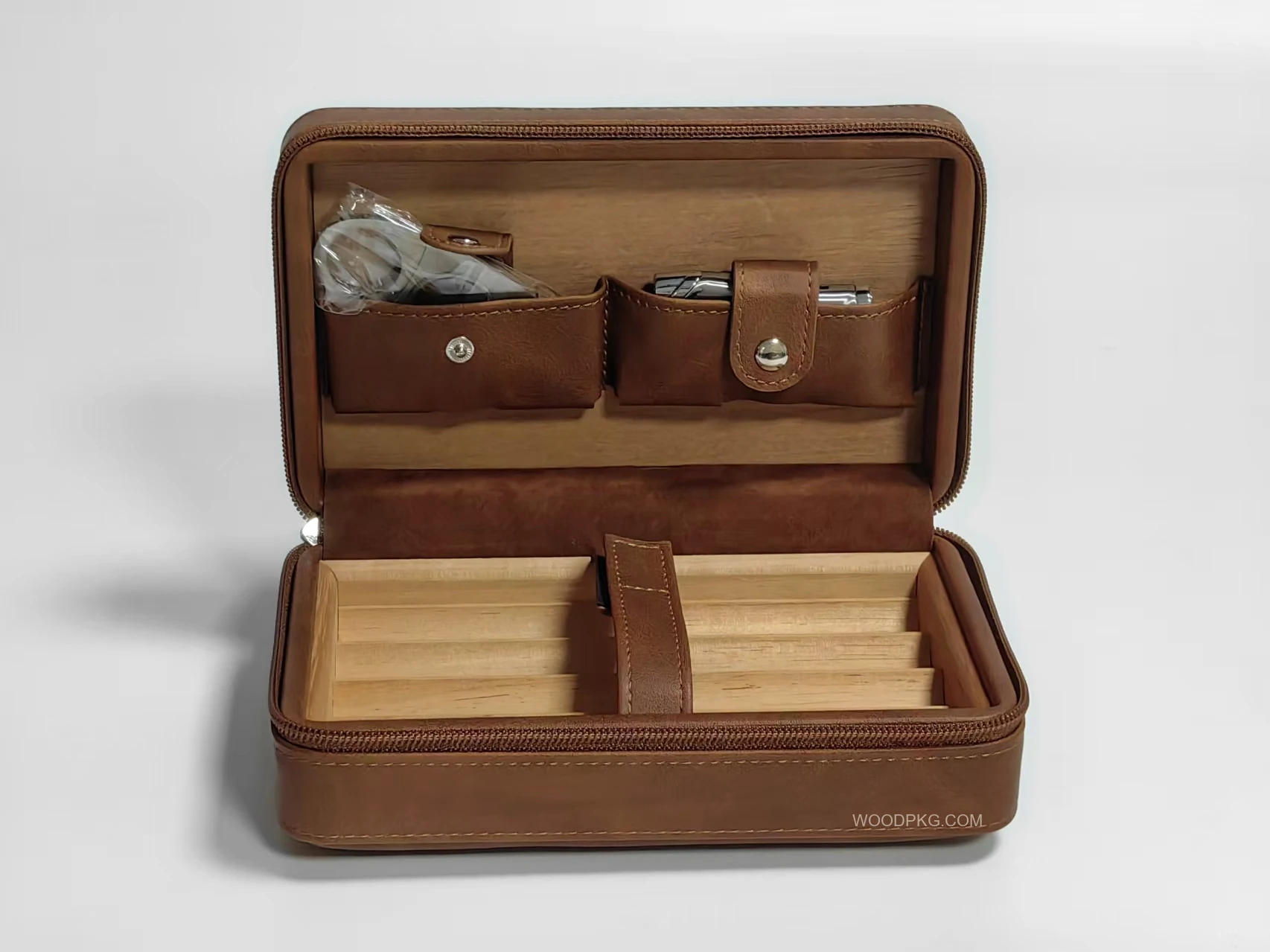 Custom brown PU leather travel cigar case with cedar wood interior, zipper closure and accessory pockets, shown open