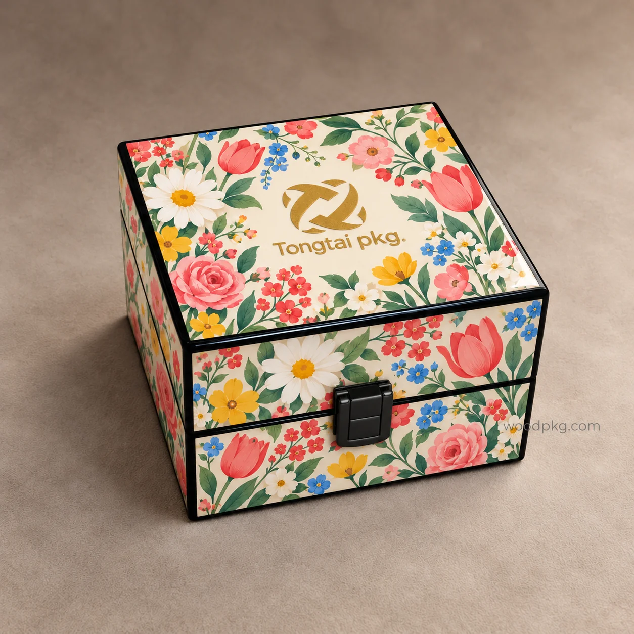 Custom high-gloss wooden perfume box with colorful floral patterns, black trim, a matte black clasp, and a gold screen-printed logo.