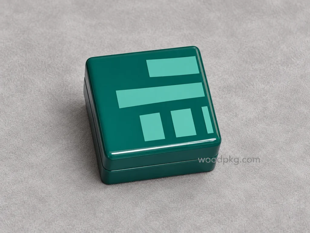 Custom green high-gloss lacquer wooden ring box with a screen-printed geometric lid design.