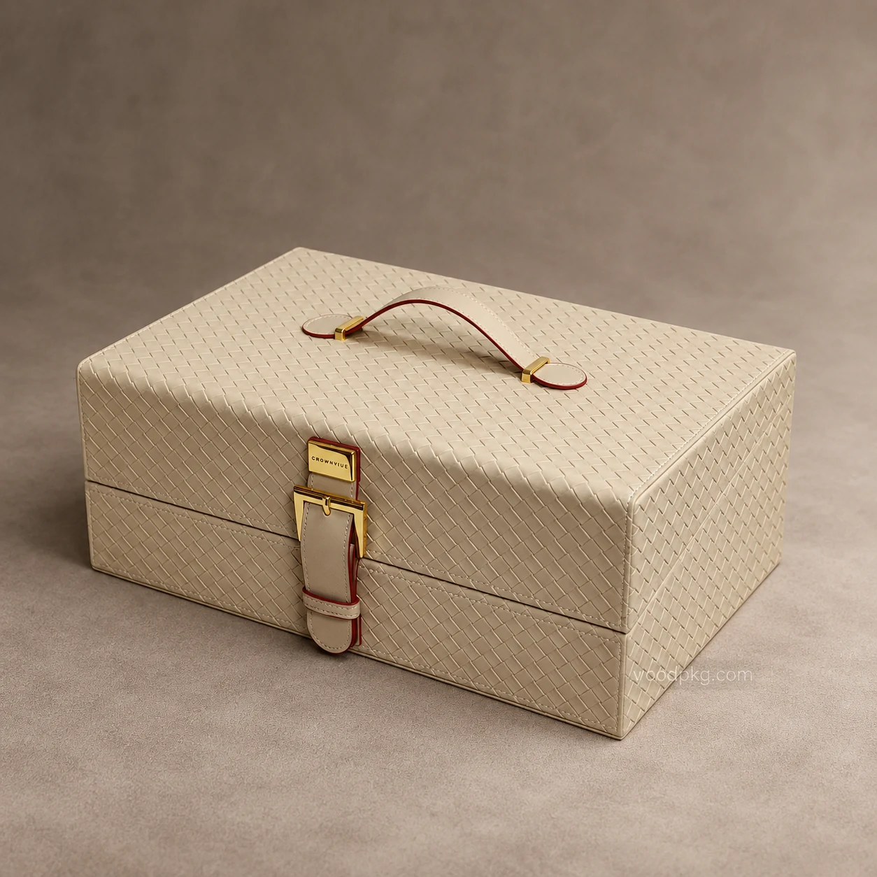 Custom beige PU leather perfume box with a woven-texture surface, carrying handle, and gold-tone clasp.
