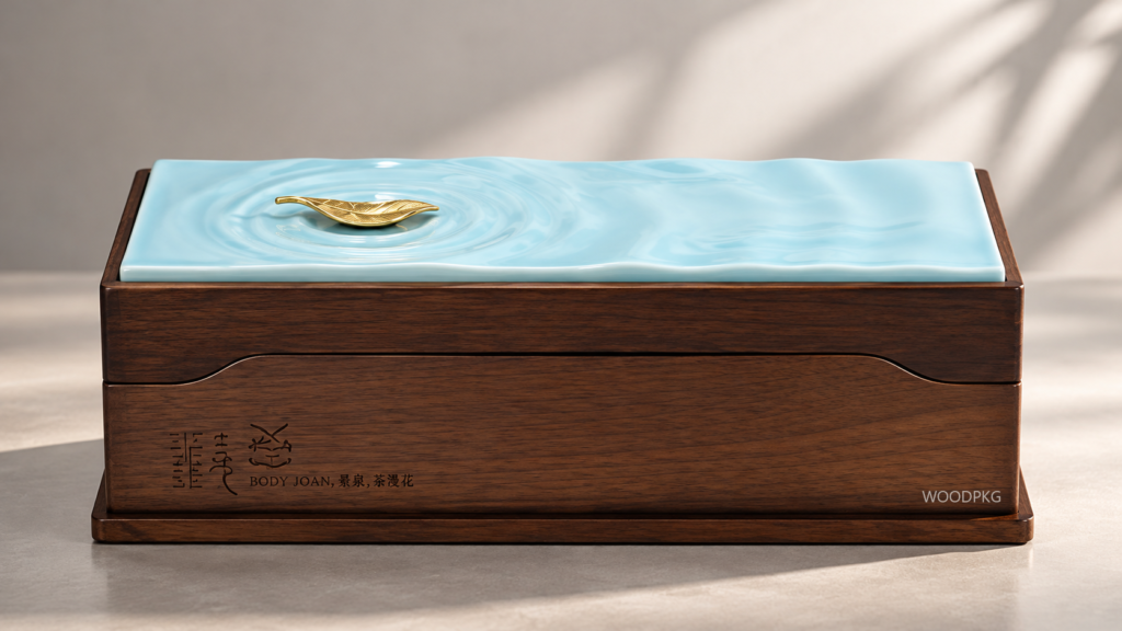 Custom wooden tea box with wood-veneered MDF body, blue ceramic ripple lid and gold-tone metal leaf ornament