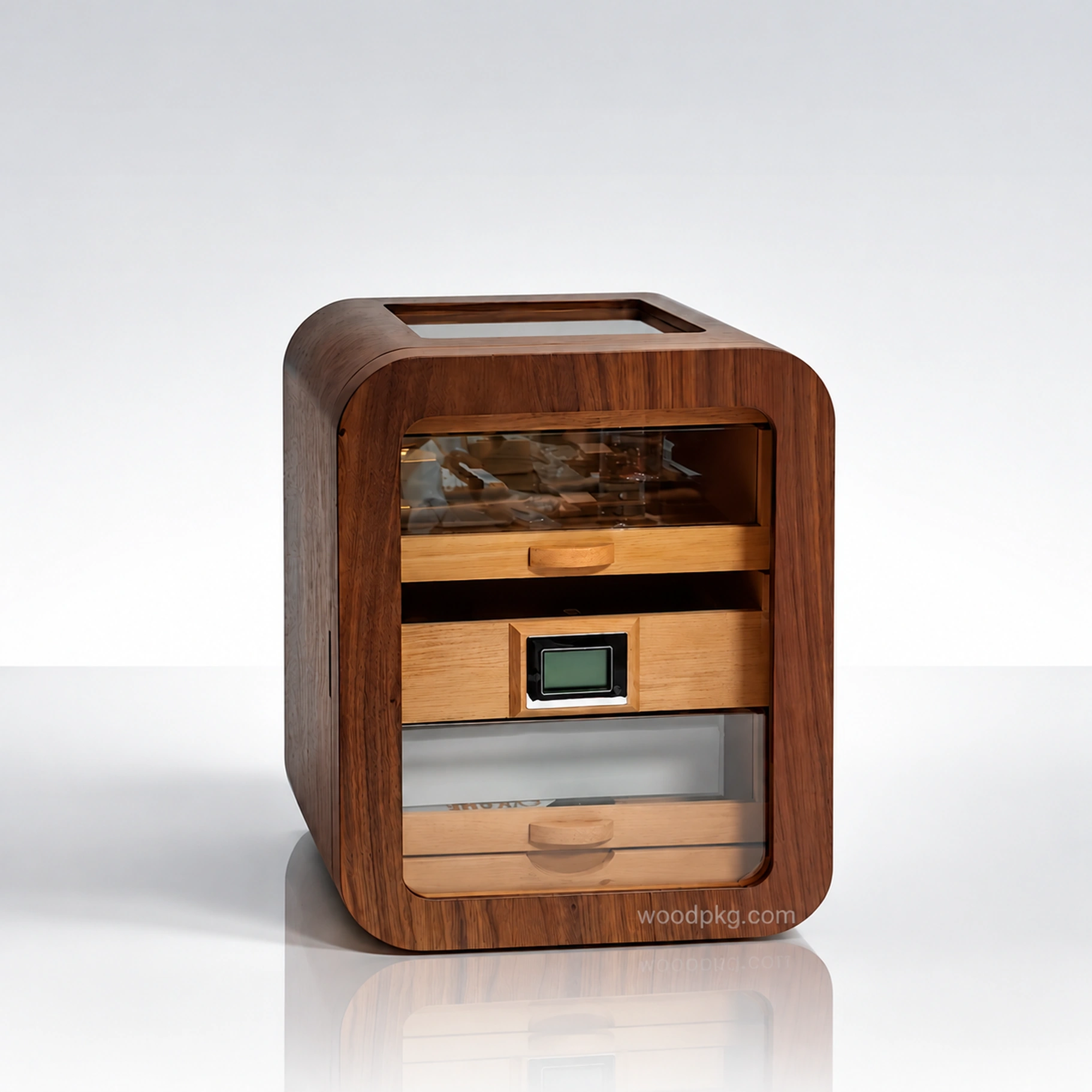 Custom Spanish cedar cigar humidor with digital hygrometer and multi-layer wooden design